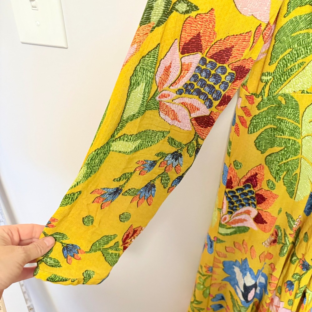 Farm Rio Tropical Floral V-NeMaxi Dress Womens Yellow Large V-Neck - Picture 4 of 12